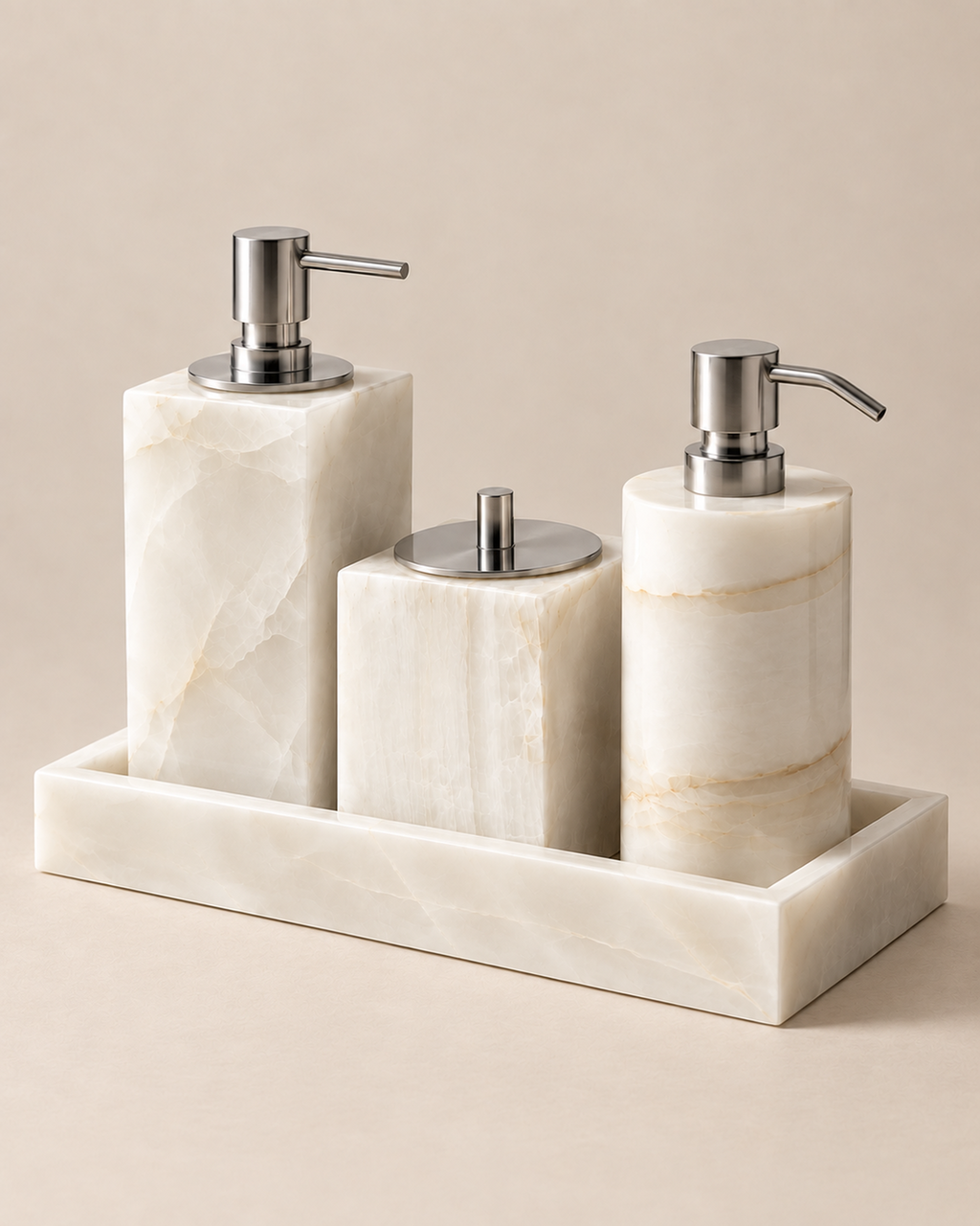 Ivory Marble Bathroom Accessories Set with Tray