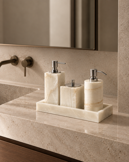 Ivory Marble Bathroom Accessories Set with Tray