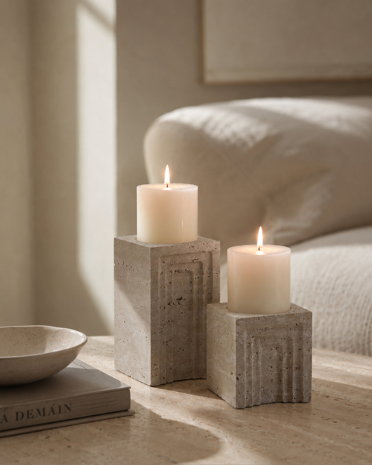 Sculptural Travertine Candle Holder