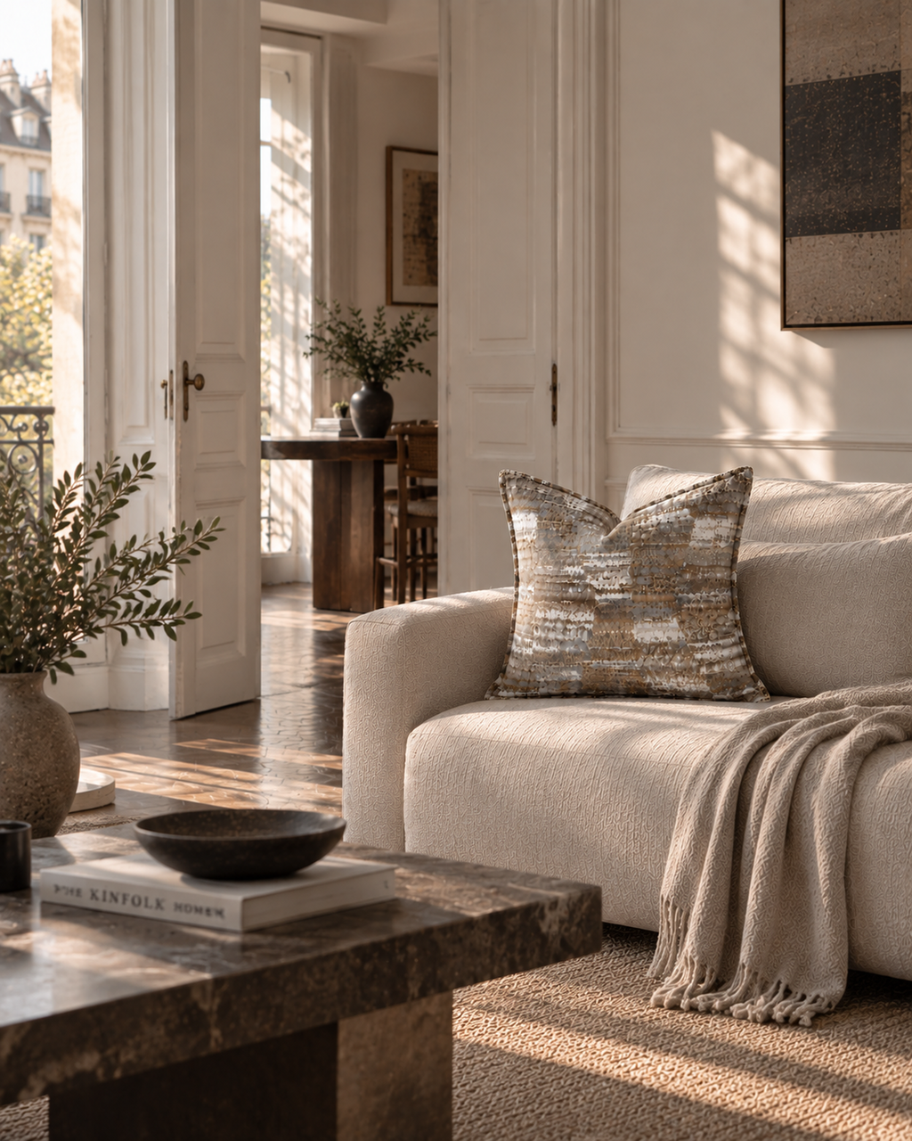 Ivory Taupe Abstract Textured Throw Pillow