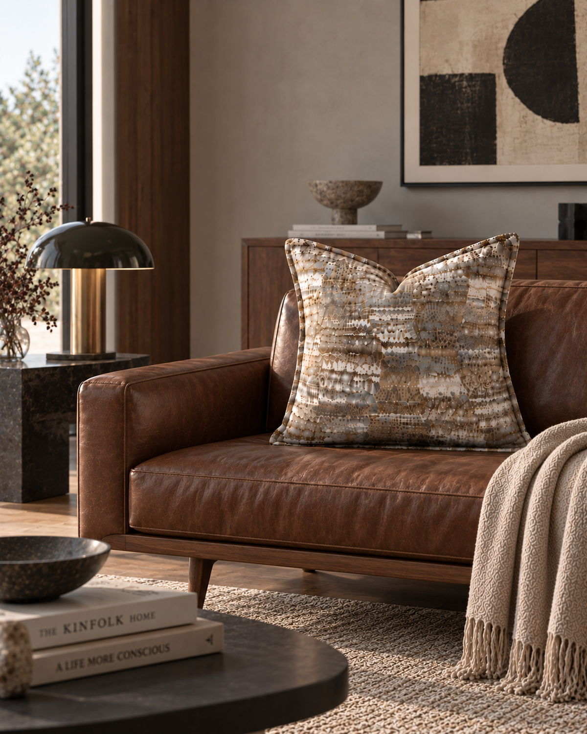 Ivory Taupe Abstract Textured Throw Pillow